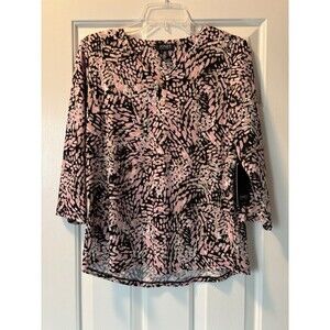 Jones New York Women's Top Petite PM Black w Pink Print 3/4-Sleeve NWT Fast Ship
